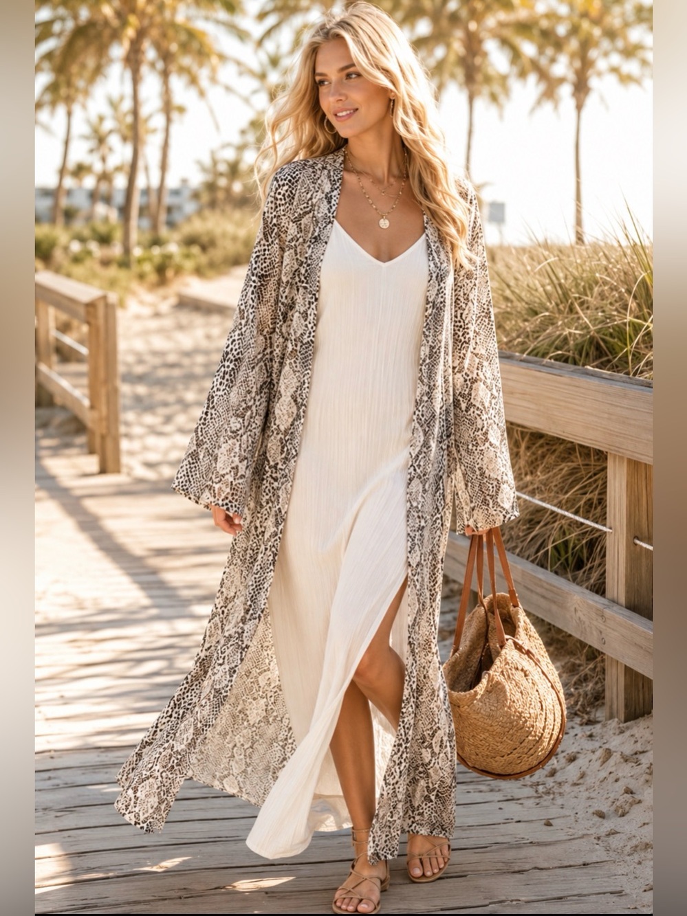 Free People Sunset Duster S Snake Print Boho Maxi Kimono Beach Resort